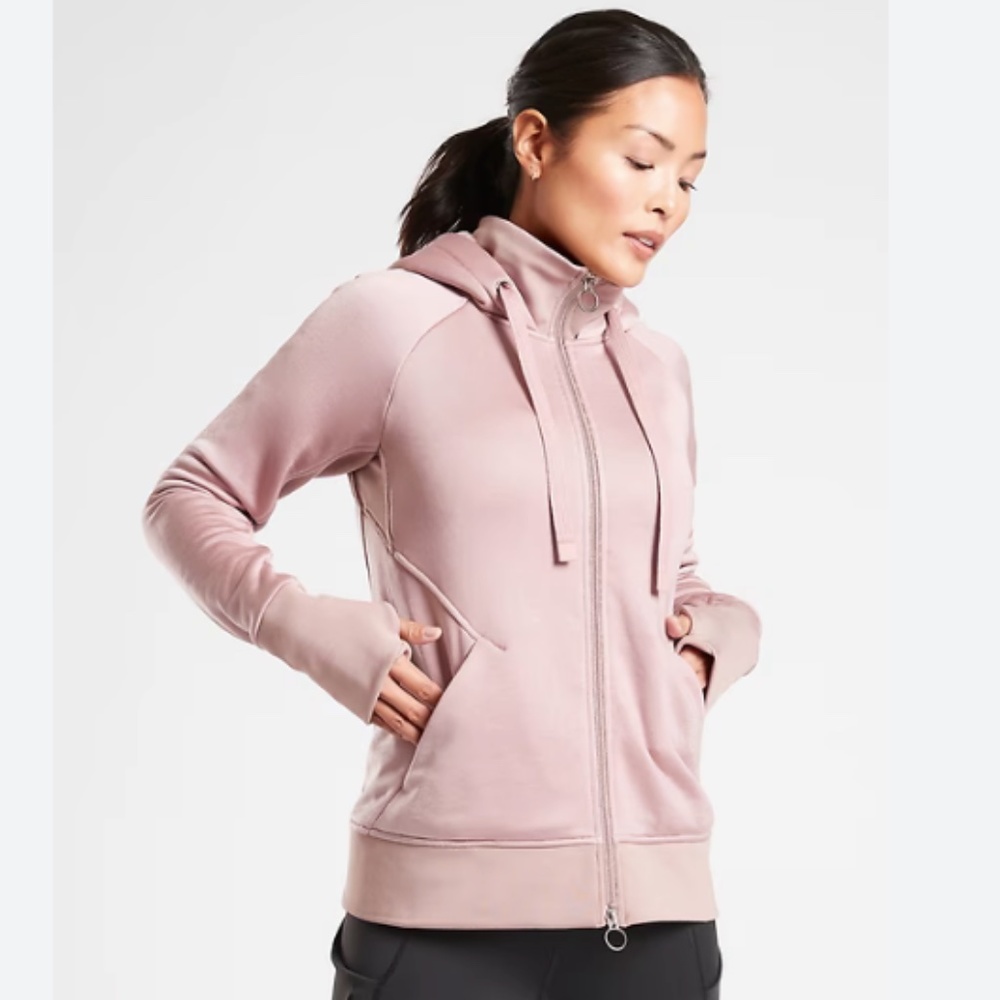 ATHLETA WOMENS TRIUMPH LUXE SHINE ZIP UP HOODIE MAUVE PINK SIZE LARGE FUR LINED